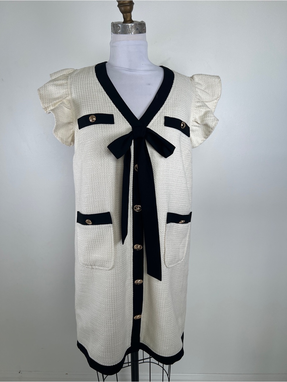 EUC! Voy Cream/ Black Ribbon Detailed Tweed Mini Dress Size M
